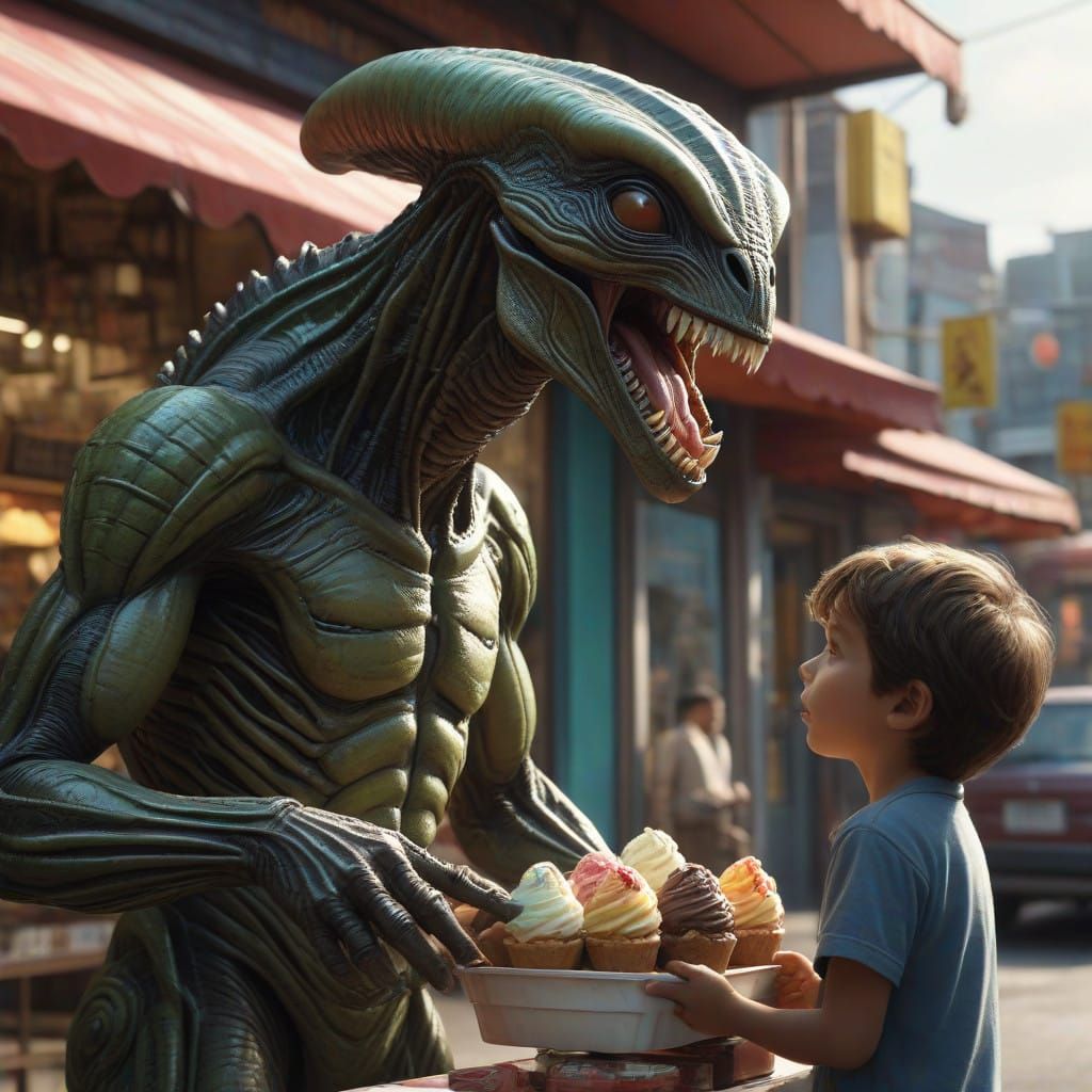 Splendid Alien Father Treats His Son to Ice Cream in a Vibra...
