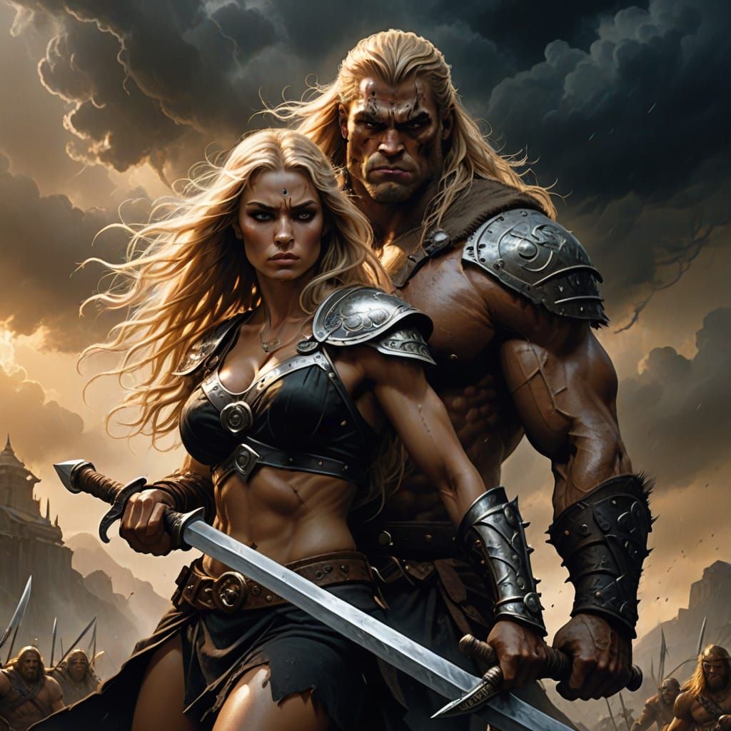 Epic Barbarian Couple in Frank Frazetta Style
