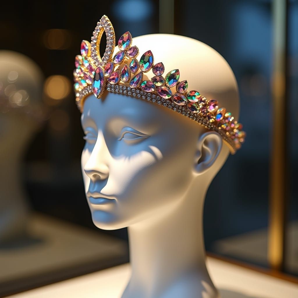 Lustrous Crystal Tiara on Mannequin Head in Luxury Store