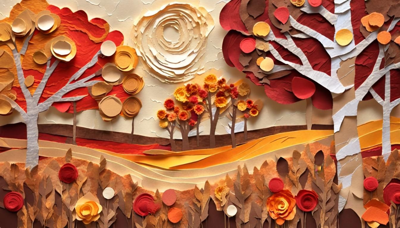 Ethereal Autumn Landscape in Whimsical Collage Style