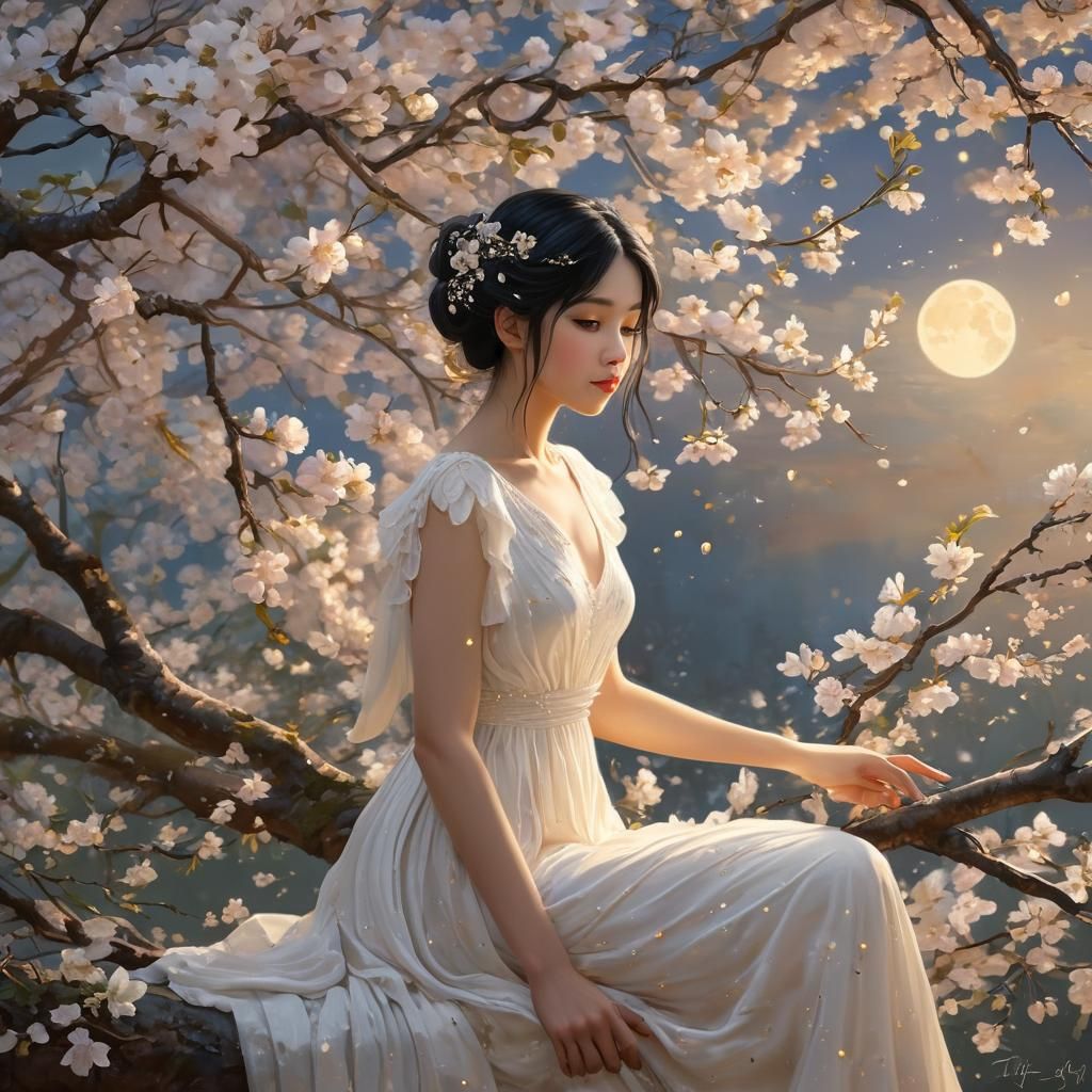 Fairy on Branch Under Moon in Romantic Realism