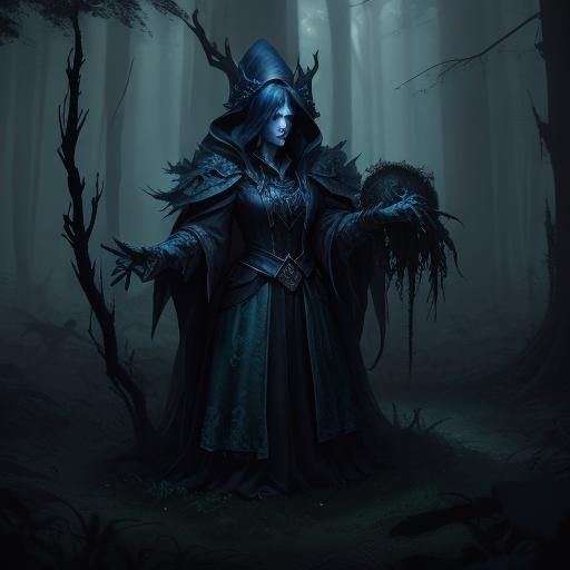 Mysterious Sorceress in Ethereal Forest: Dark Fantasy Art