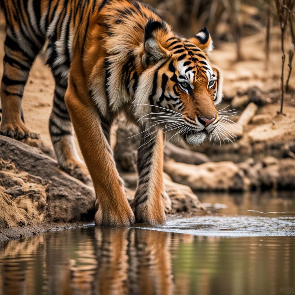 Tiger Drinking at Pond in National Park