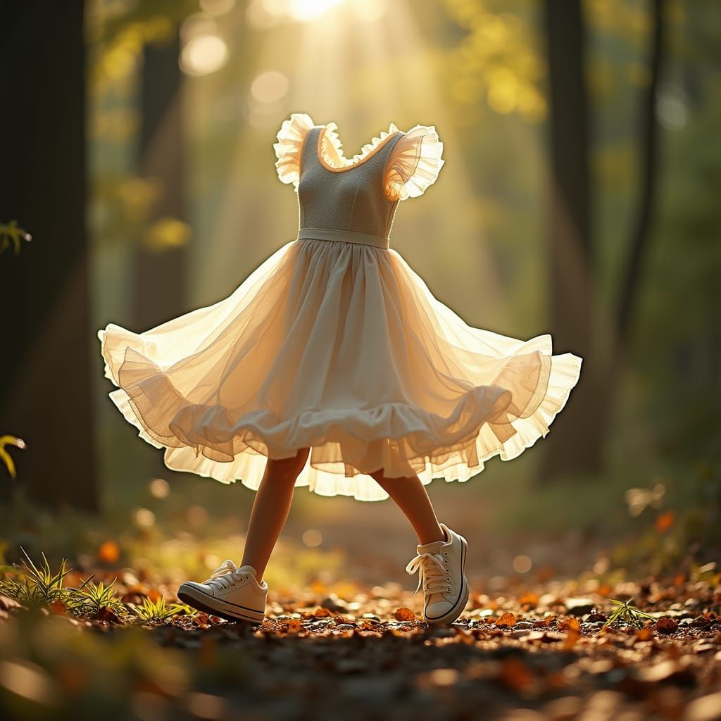Invisible Girl's Dress Dancing in Forest Clearing