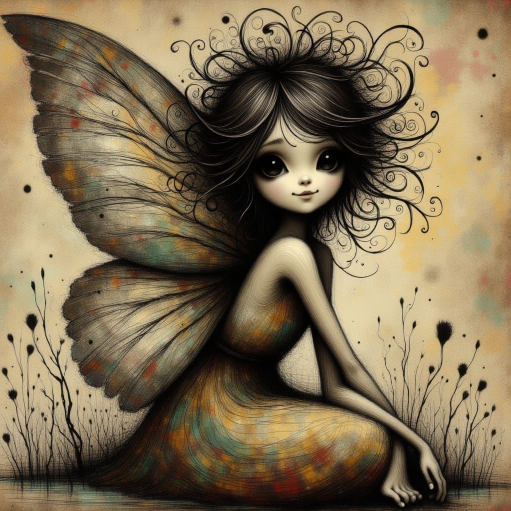 Ink Tattooed Fairy with Blotched Wings