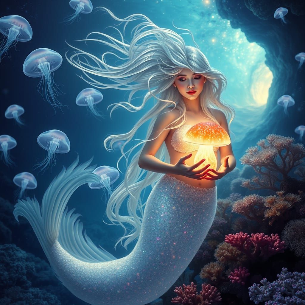 Mermaid Channels Cosmic Energy in Iridescent Bio-Art