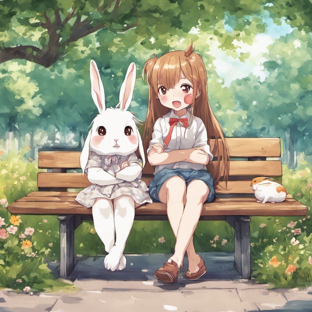 Anime Art: Rabbit and Guinea Pig on Bench