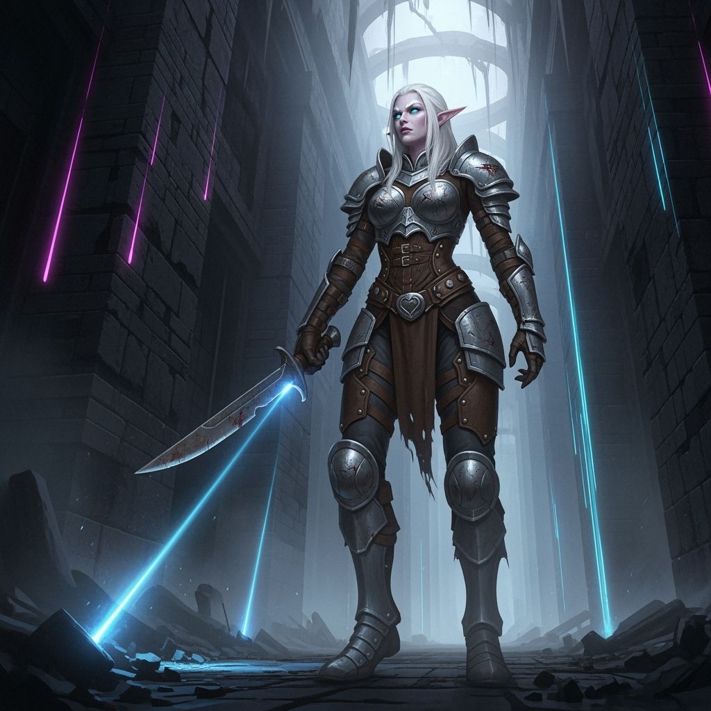 Massive Albino Elf Warrior Seeks Escape in Ancient Corridor