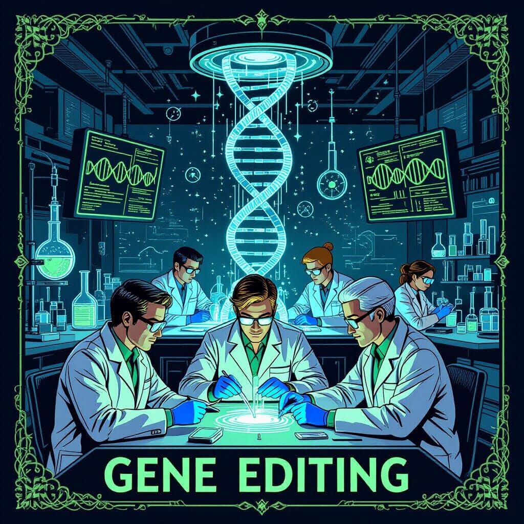 Gene Editing Scientists in Illuminati Card Game Style