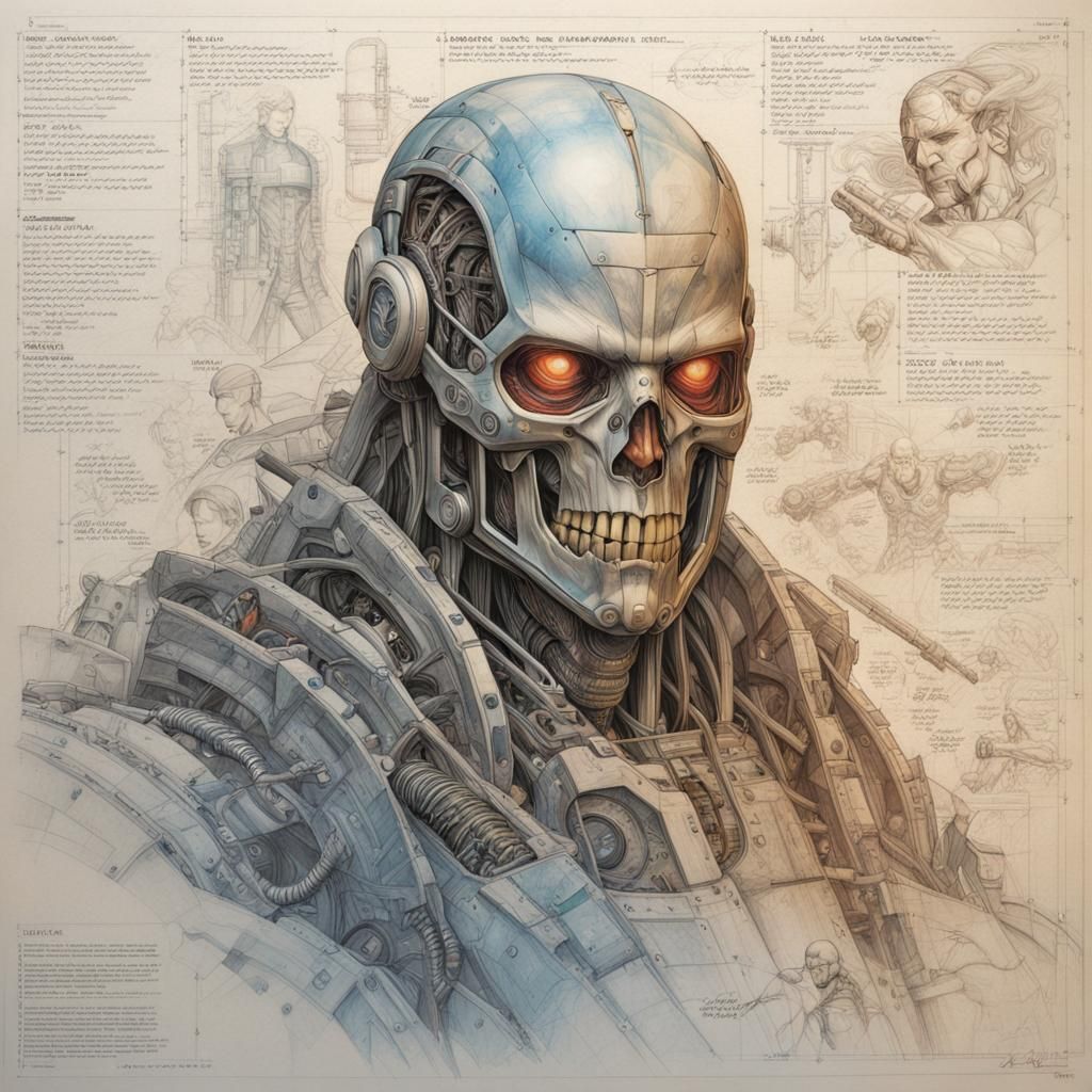 Biomechanical Engineering Blueprint in Graphic Novel Style