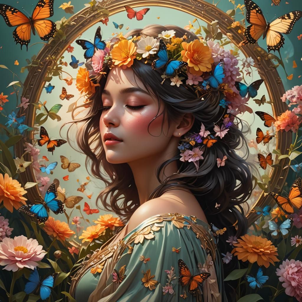 Woman with Flowers and Butterflies: Hyperdetailed Portrait