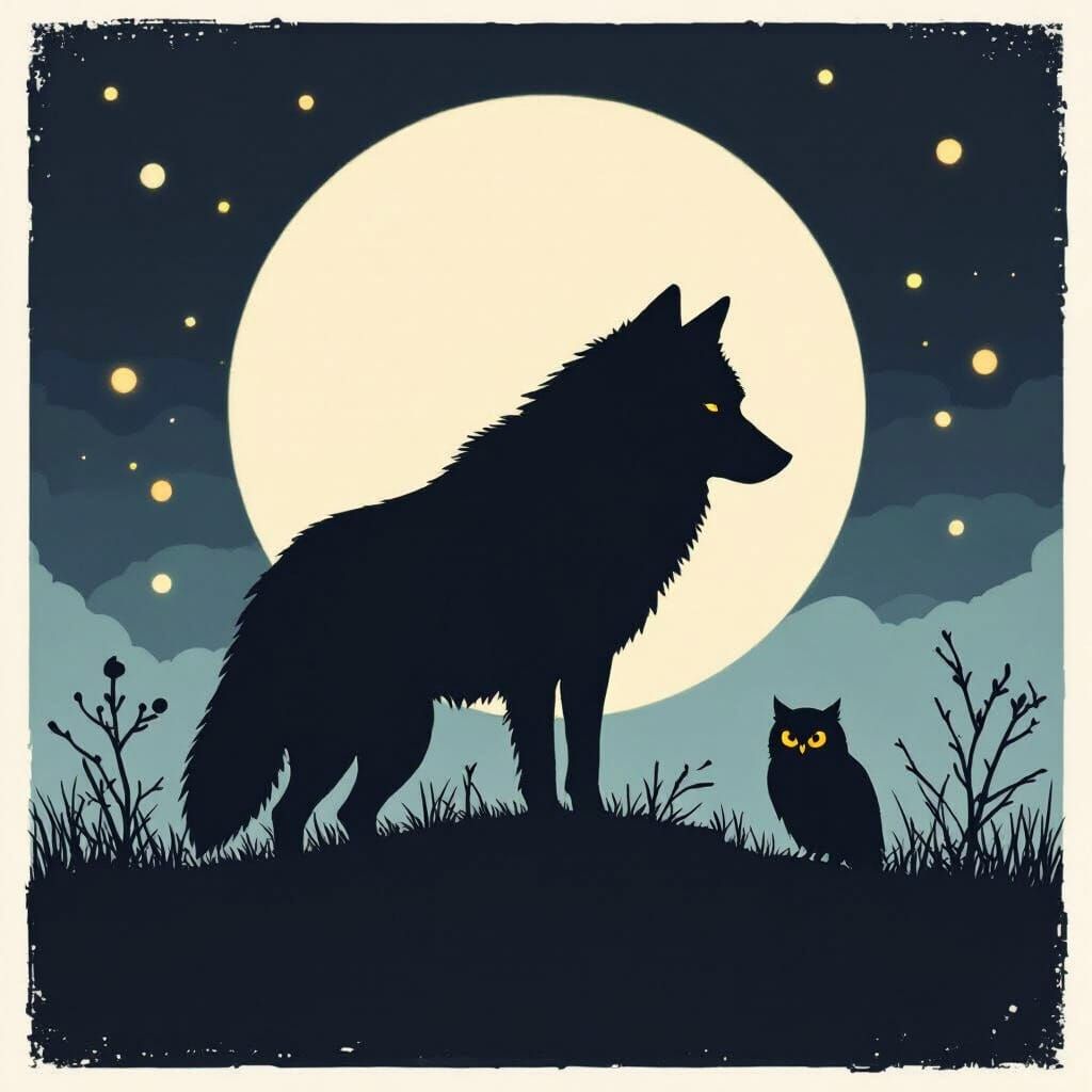 Wolf Silhouette with Hidden Owl in Retro-Futuristic Style