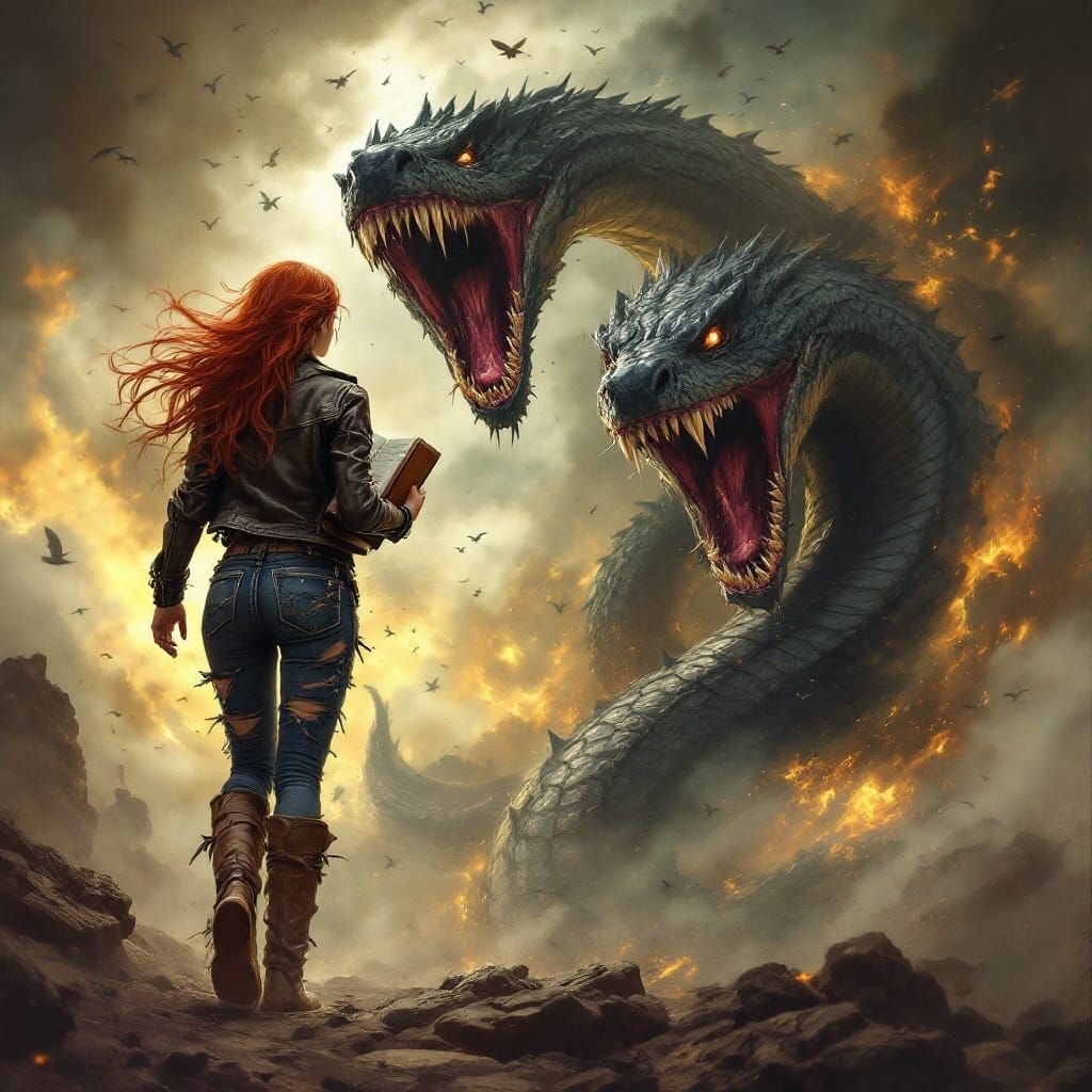 Fiery Redhead Defies Dark Serpent in a Smoldering Apocalypse