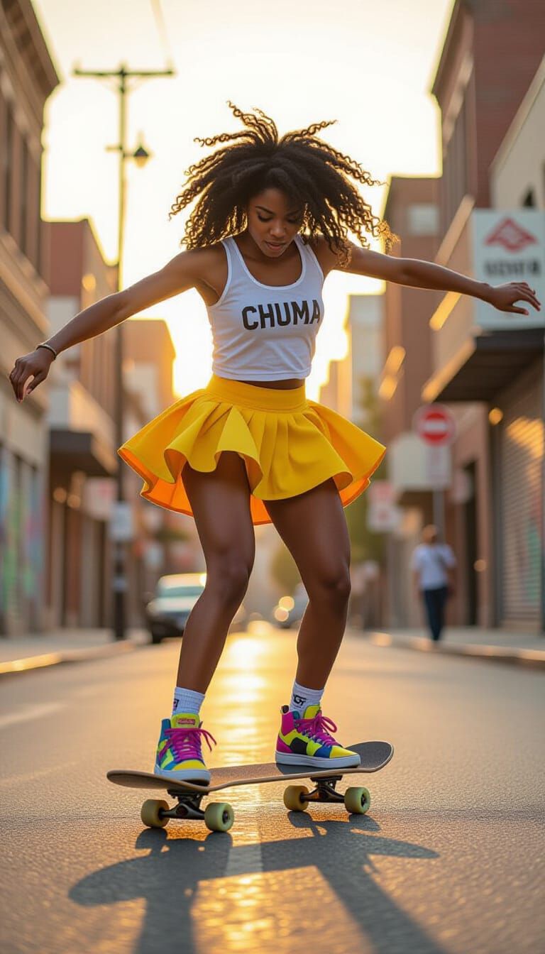 Black Female Skateboarder in Urban Street Scene
