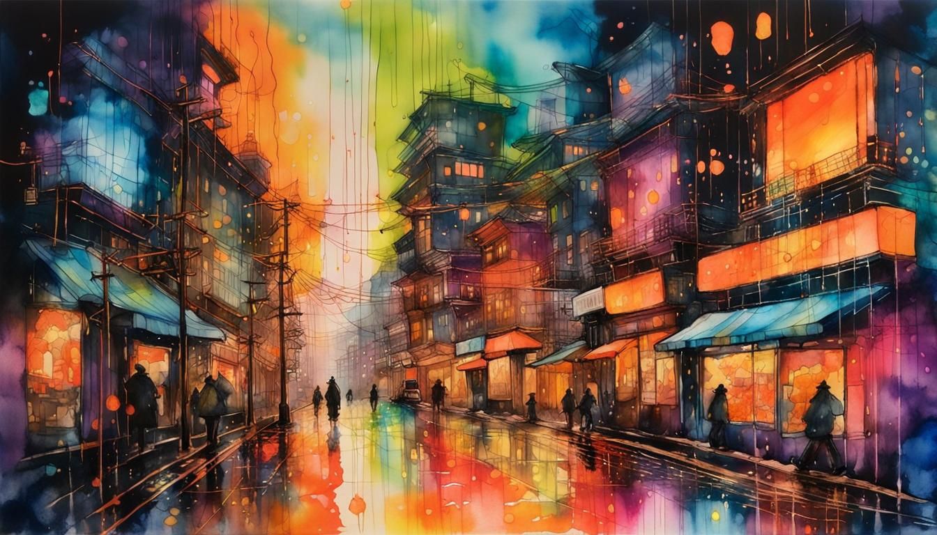 Ink splatter city street.