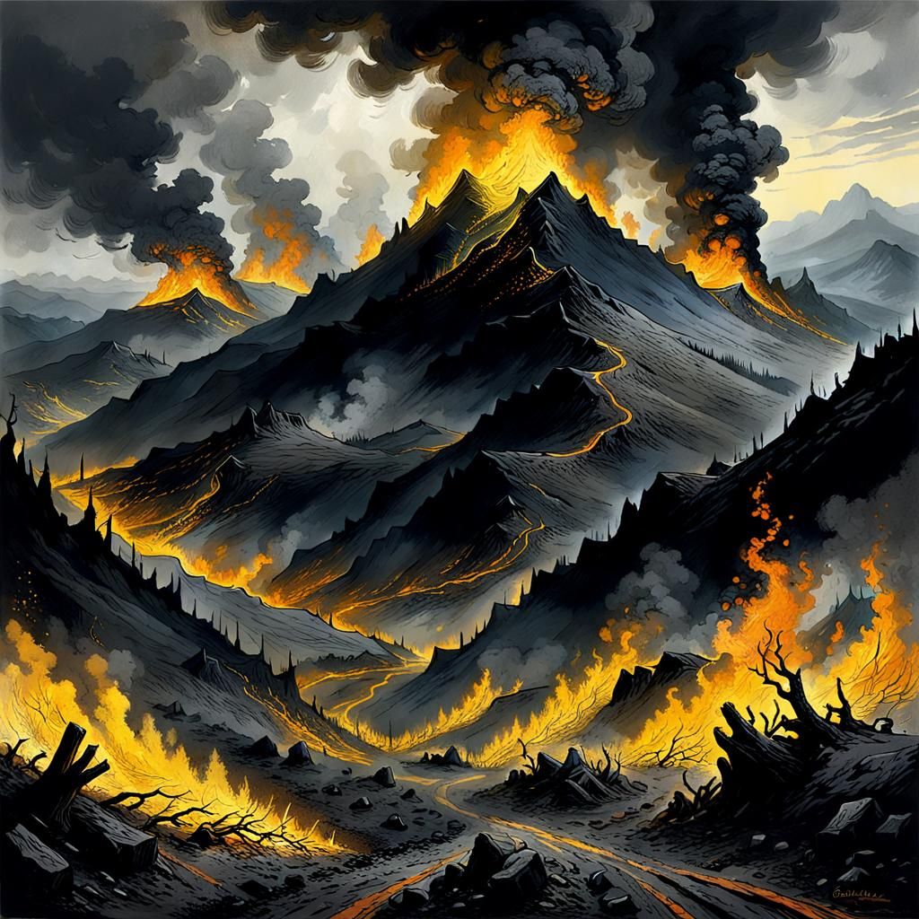 Infernal Landscape with Burning Mountains and Ash
