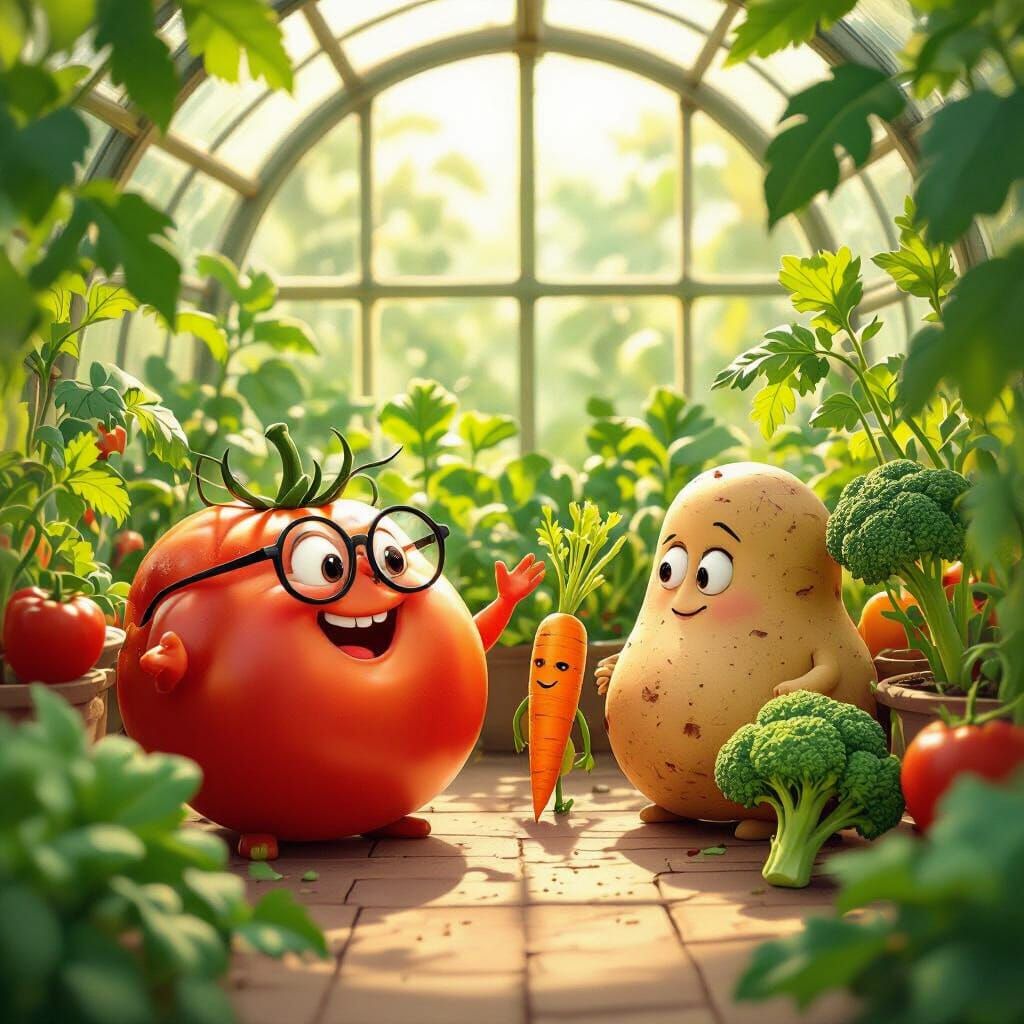 Sentient Vegetables Chatting in a Sunlit Greenhouse