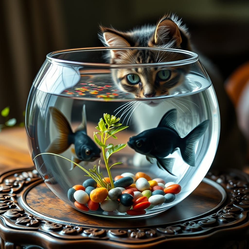 Hyperrealistic Scene of Cat Watching Black Goldfish in Bowl