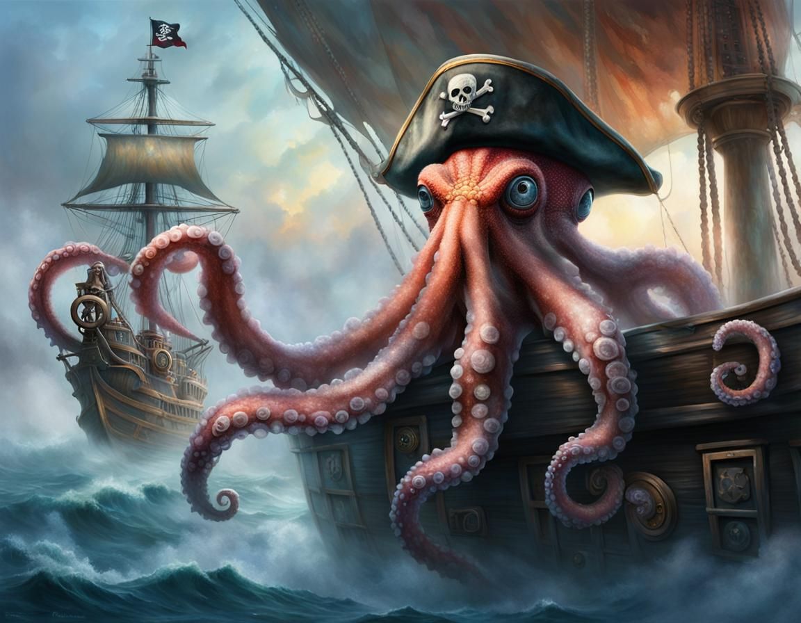 Pirate Octopus at Ship's Helm in Fog