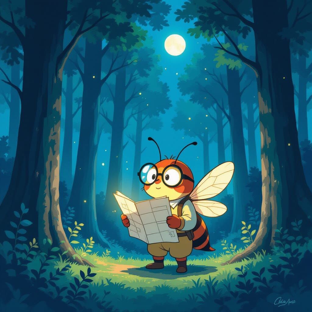 Confused Firefly Reads Map in Ghibli Forest