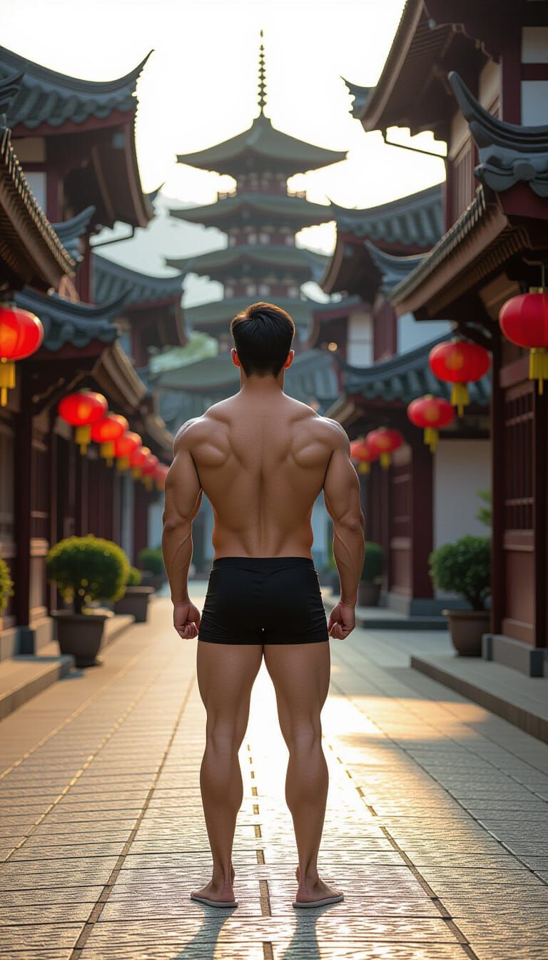 Photorealistic Man in Village Square at Golden Hour