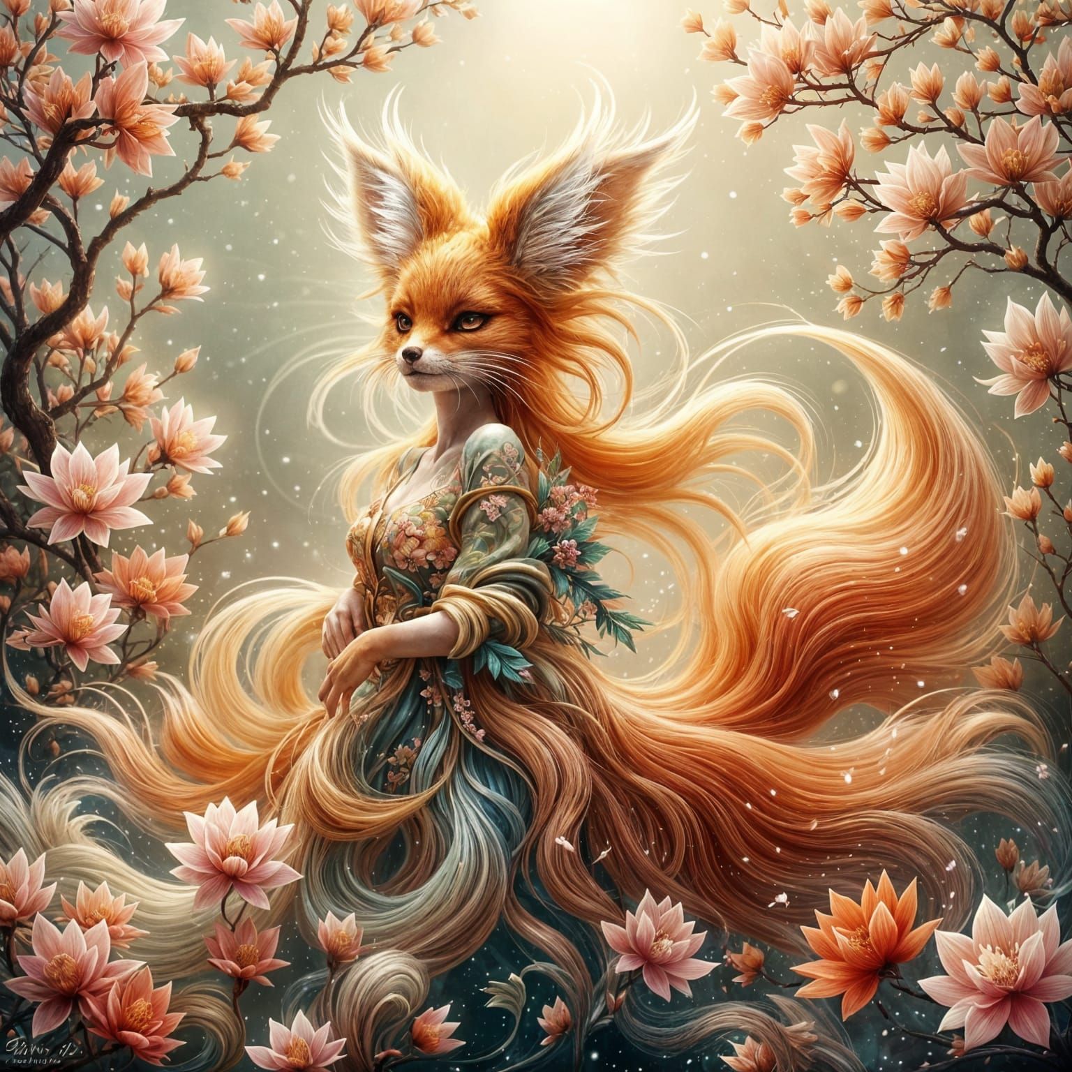 Elegant Nine-Tailed Kitsune in Oil Paint