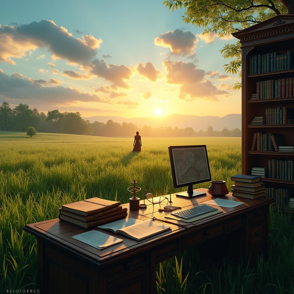 Sunset Meadow with Desk and Fantasy Silhouette