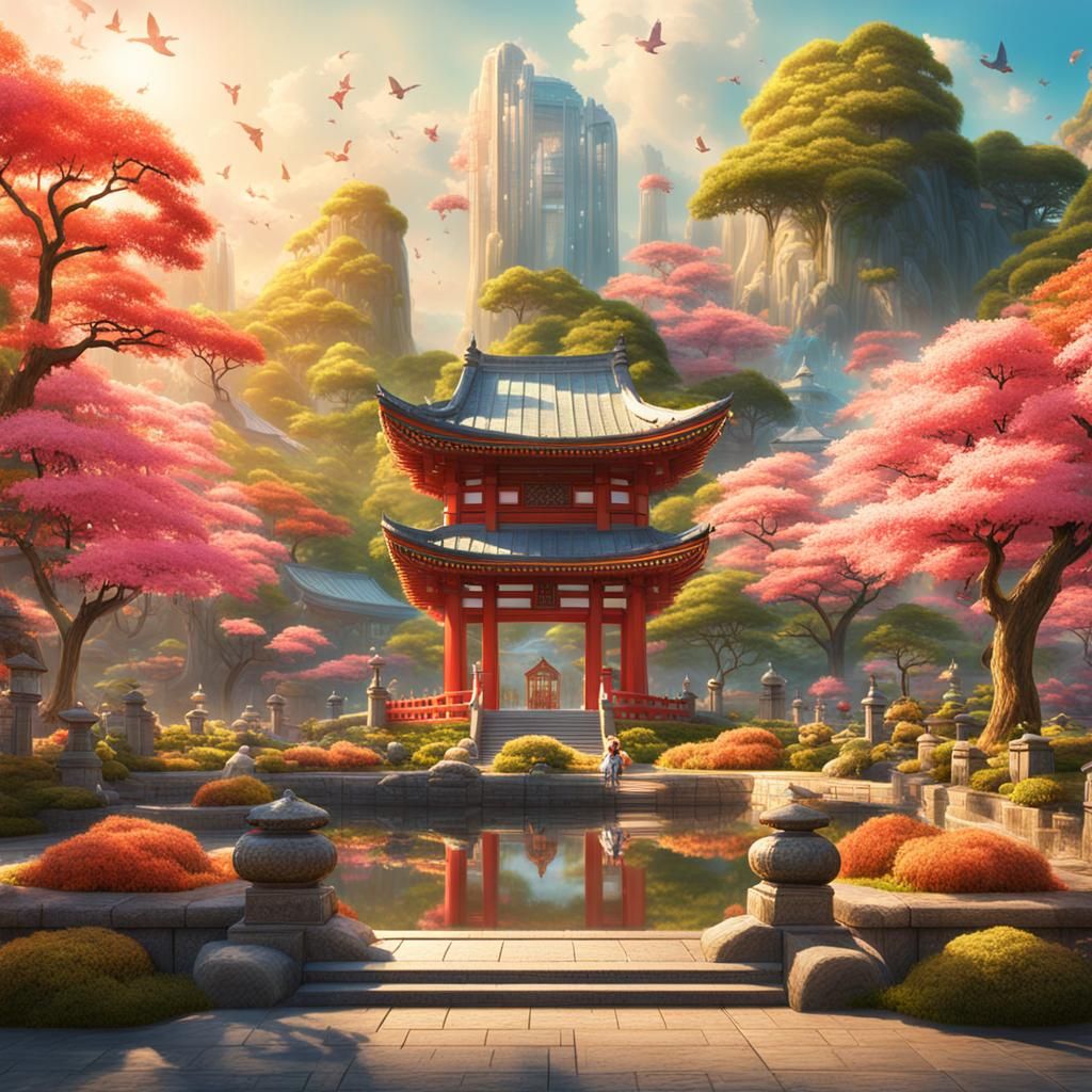 Fantasy Japanese Peace Garden in Splash Art Style