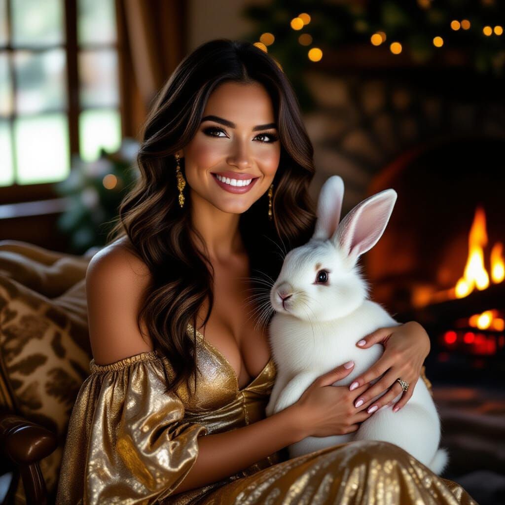 Woman in Golden Dress with Bunny by Fireplace