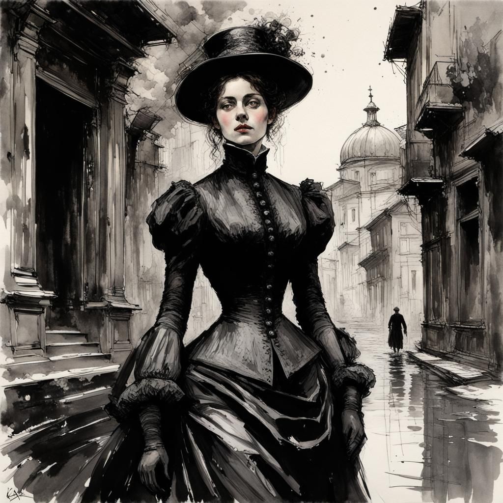 Victorian Woman in Black, Ink Splash Art