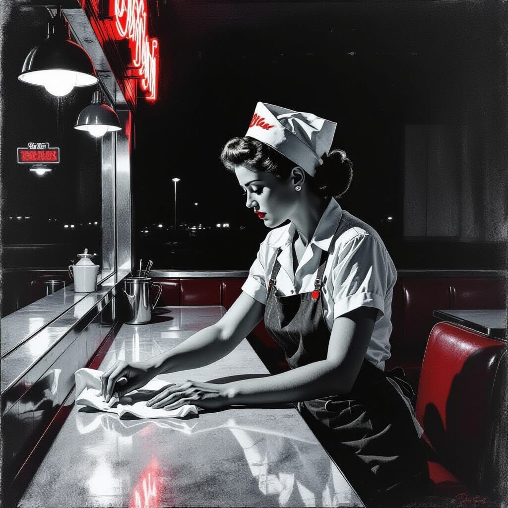 Spectral Diner Waitress in Gritty Scratch Paper Etching Styl...