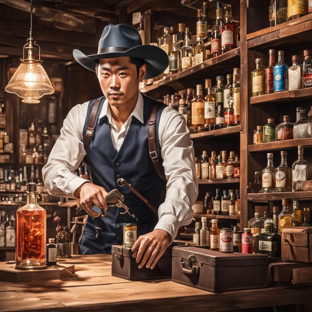 Handsome, clean-shaven Korean bartender in his early 30s with cowboy hat grabs dynamite from a locked case in a Mercanti...