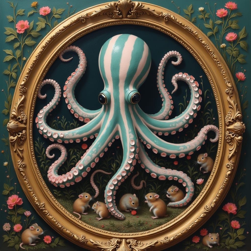 Striped Octopus Oil Painting in Baroque Frame
