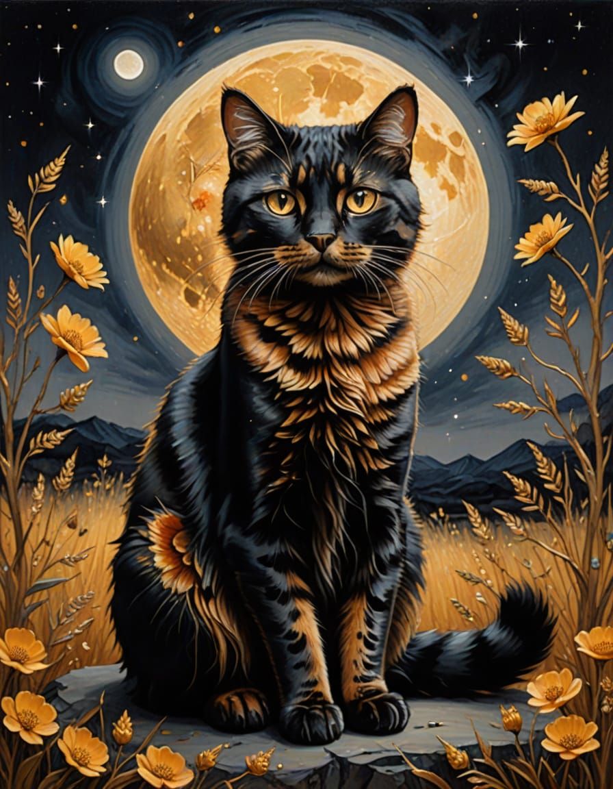 Tortoiseshell Cat in Golden Landscape Oil Painting