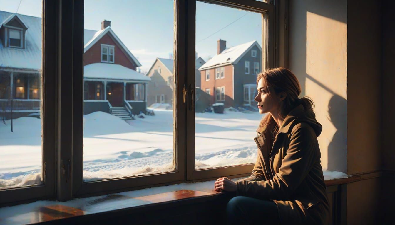 Serene Moment of Introspection in a Snowy Urban Landscape