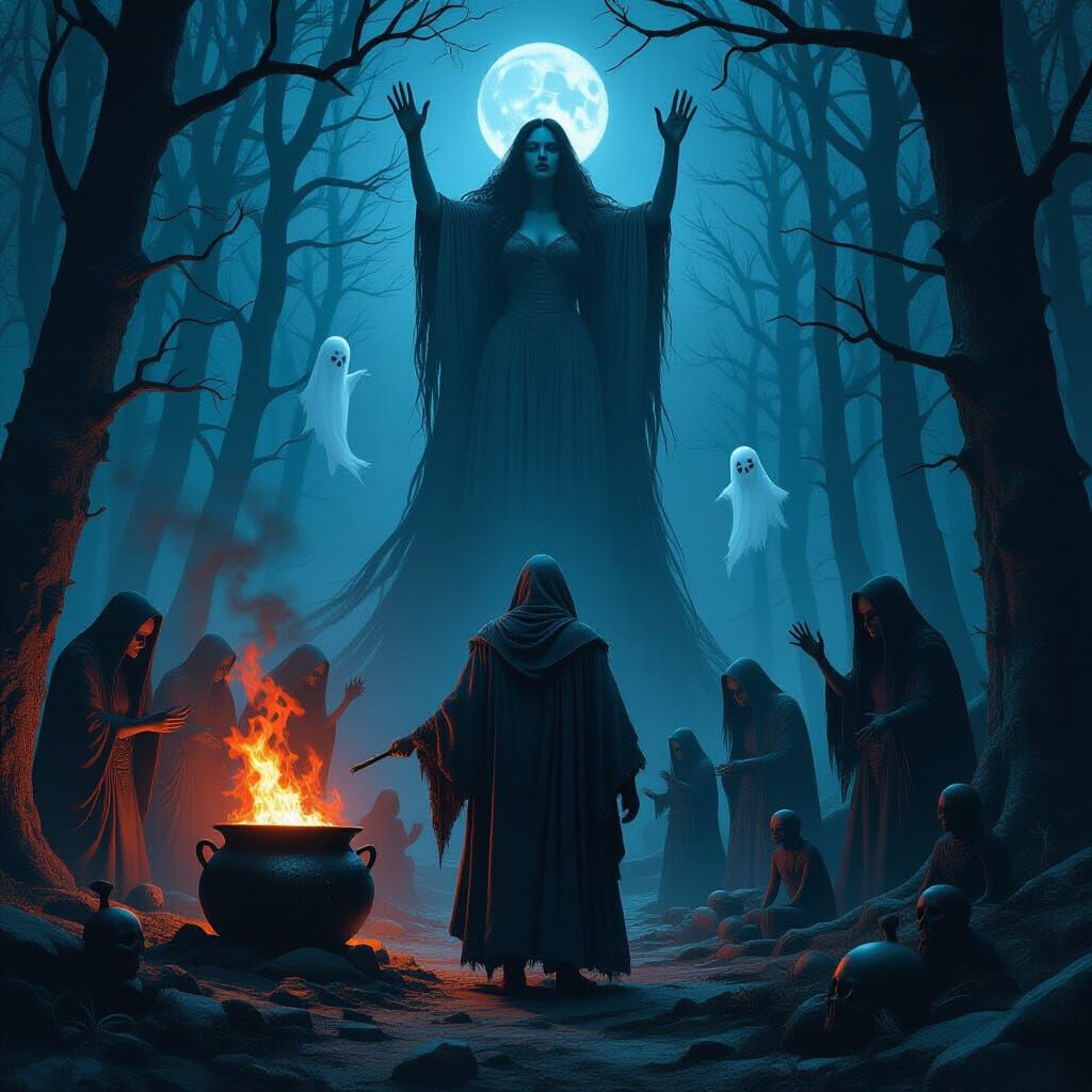 Midnight Witches' Sabbath with Monsters and Ghosts