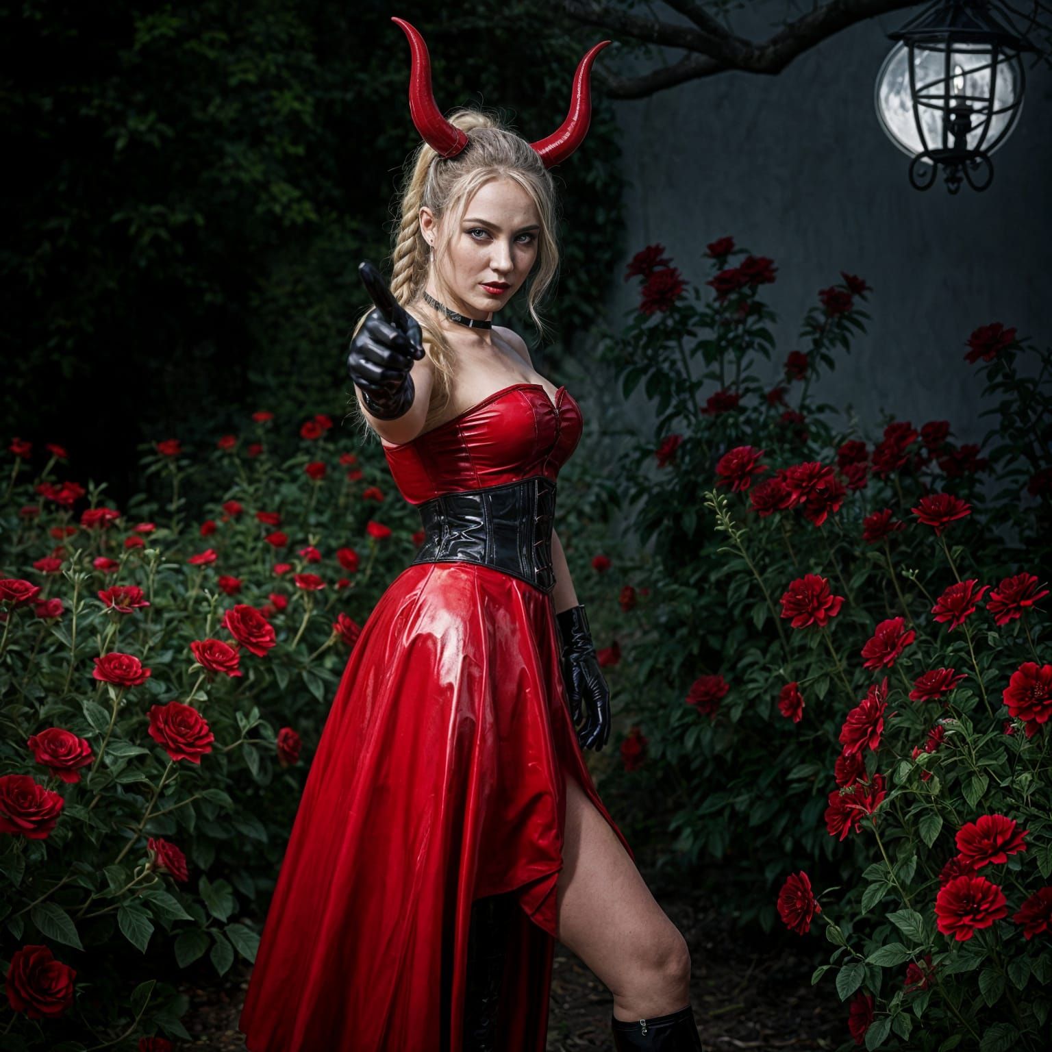 Mature Blonde Vampire Woman in Red Latex Dress