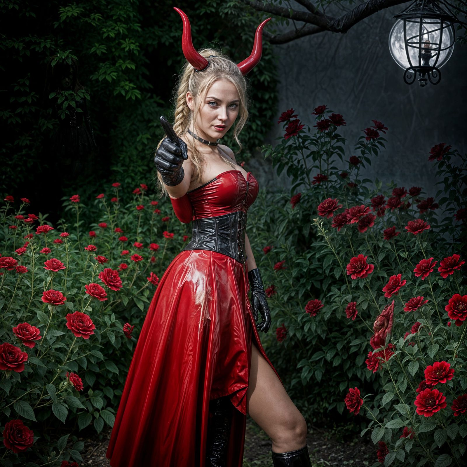 Mature Vampire Woman in Latex Dress and Thigh Boots