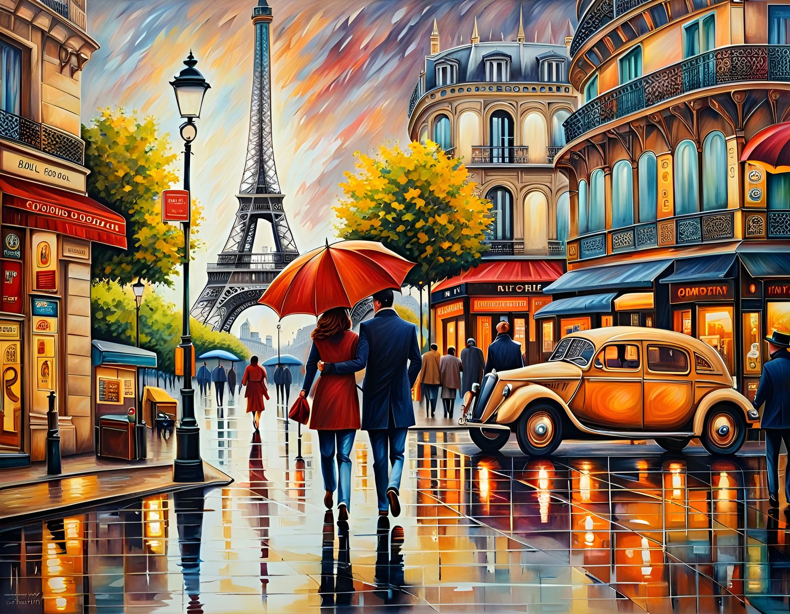 Parisian Couple in Rainy Hyperrealistic Scene