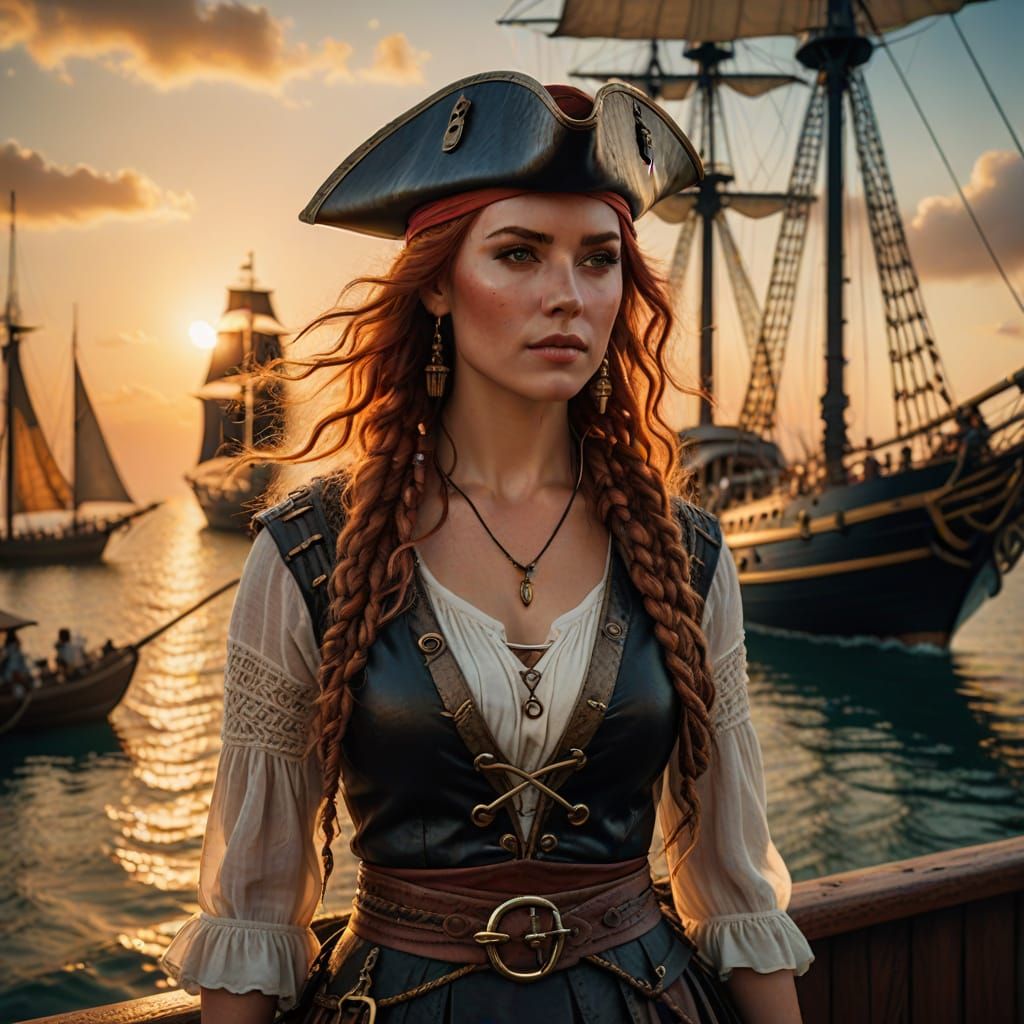 Stunning Redhead Pirate Gazing at Lighthouse in Cinematic Fi...