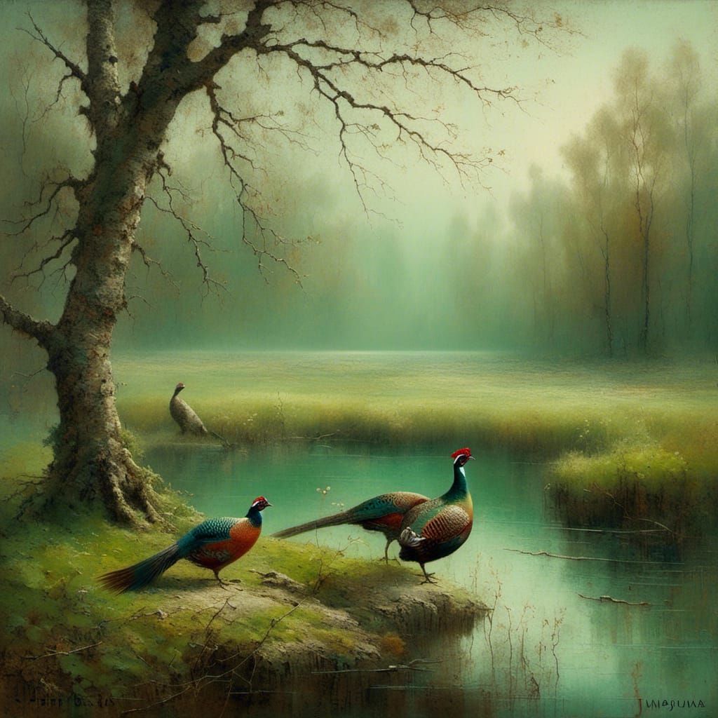 Pheasants in Meadow: Eastern Folk Art Oil Painting