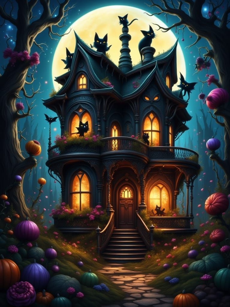 Whimsical Cat-Bat Hybrid Above Victorian Home