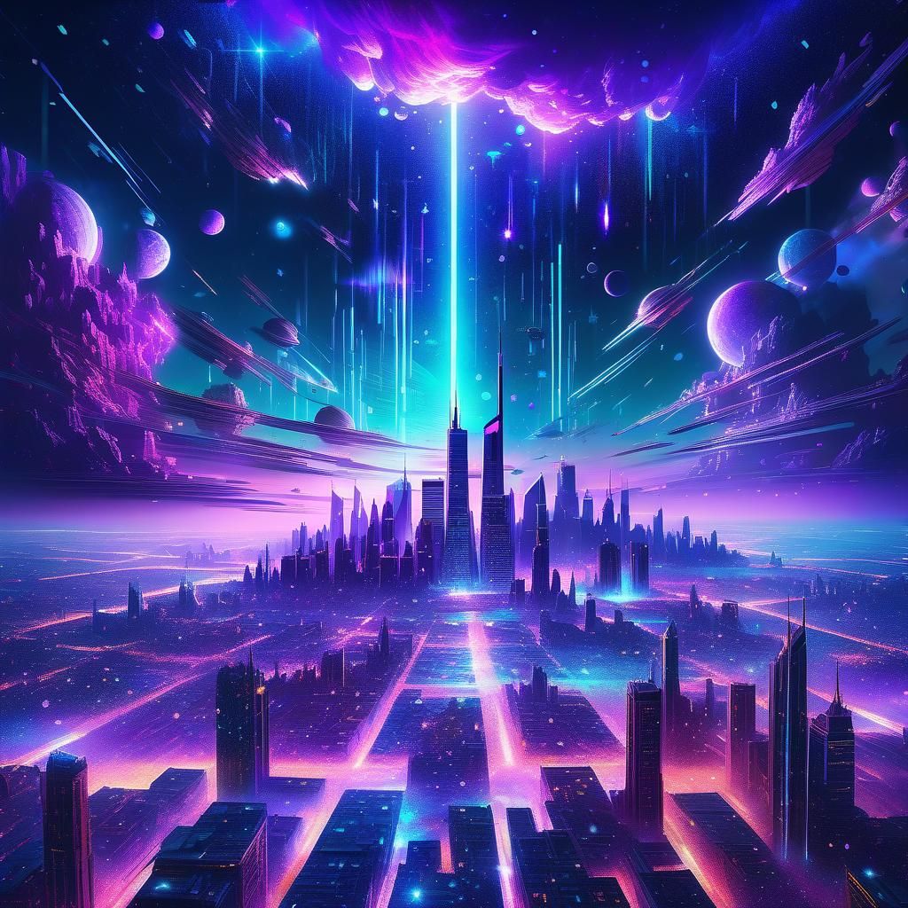 Neon Holographic Cityscape Under Glittering Night Sky