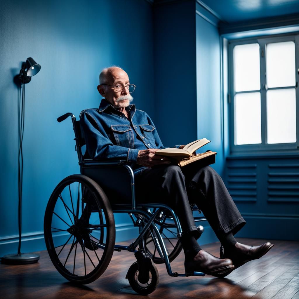 Lean Old Man Reads in Blue Room