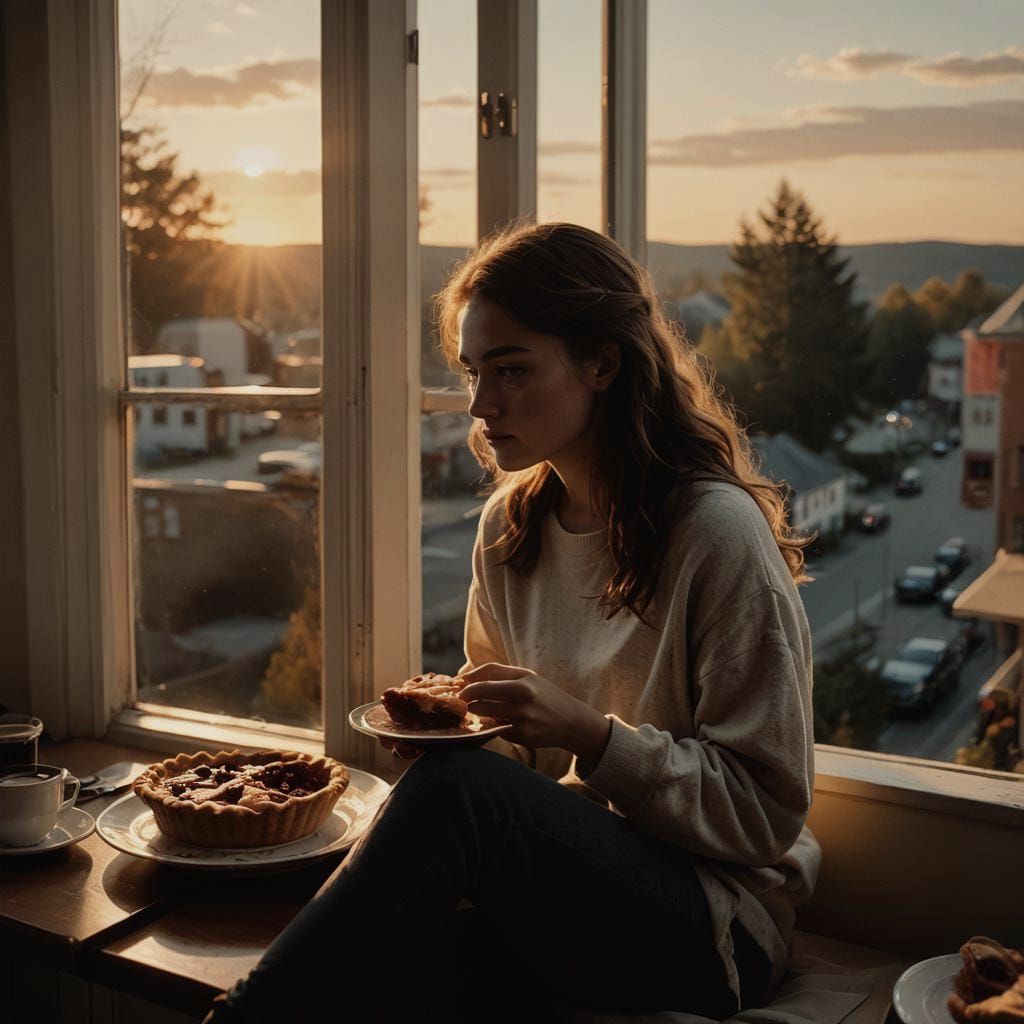 Lonely Girl with Coffee at Sunset: Cinematic Still