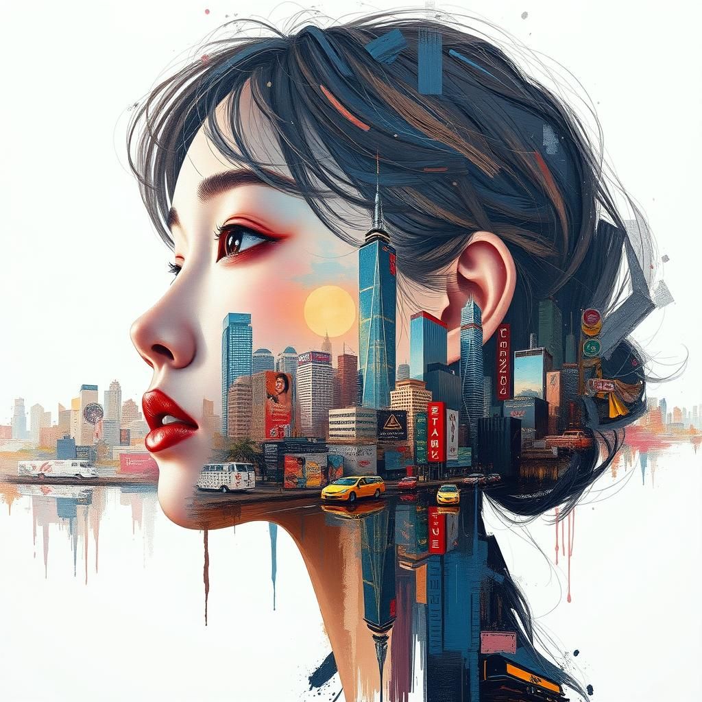 City Meets Face: Expressionist Impasto Oil Painting