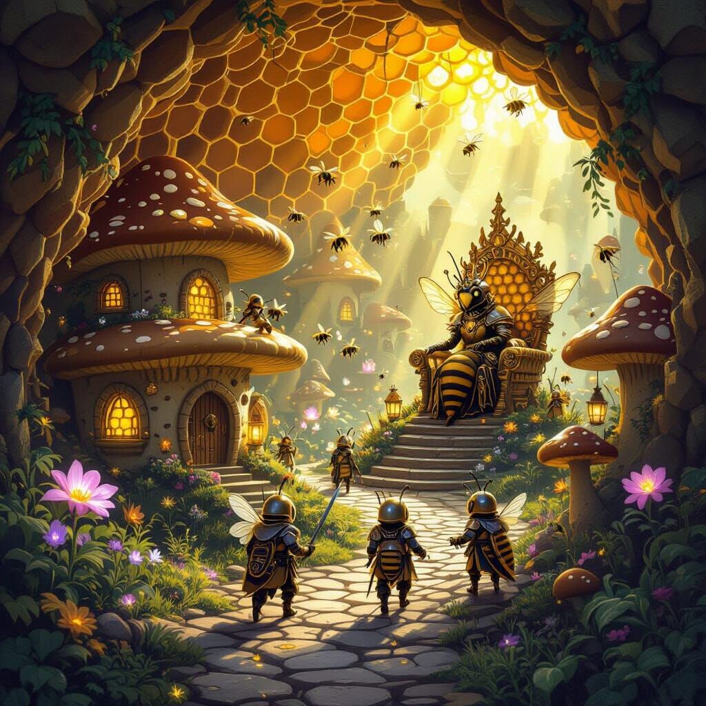 Magical Bee City Inside Giant Hive, Fantasy Art