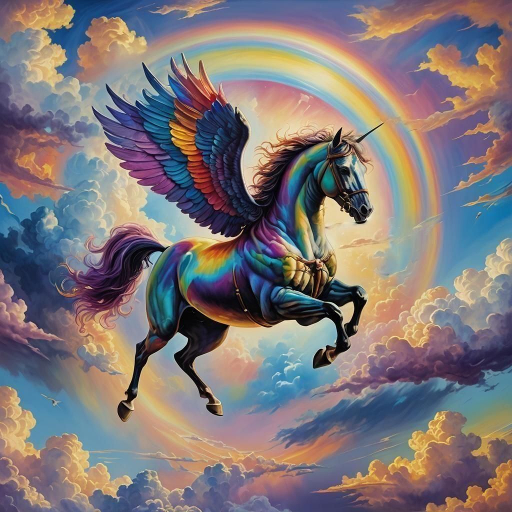 Pegasus Flight Through Surreal Rainbow Sky