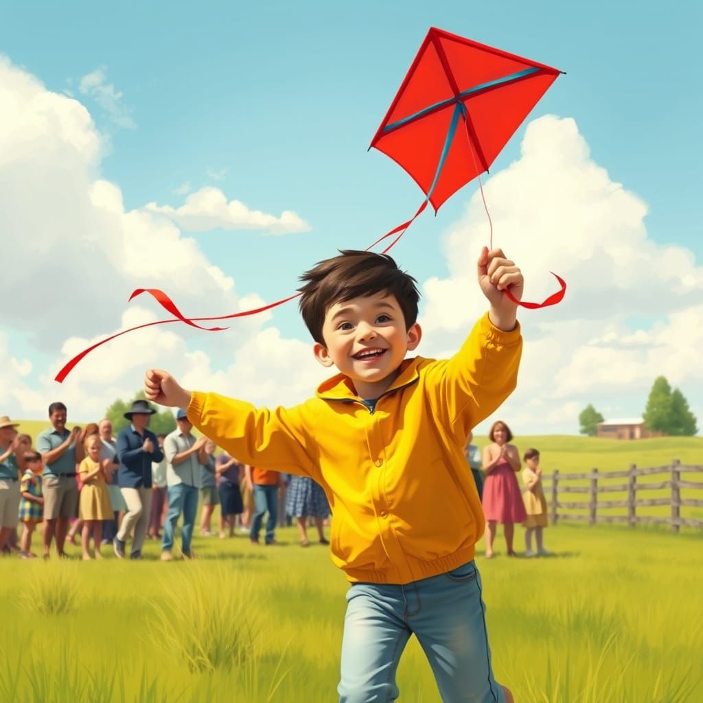 Joyful Boy Soars in Open Field with Vibrant Kite