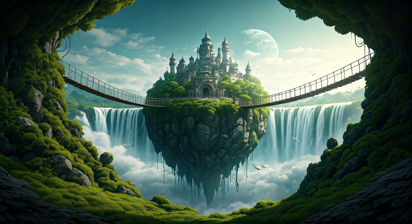 Floating Medieval City with Waterfalls and Rope Bridges